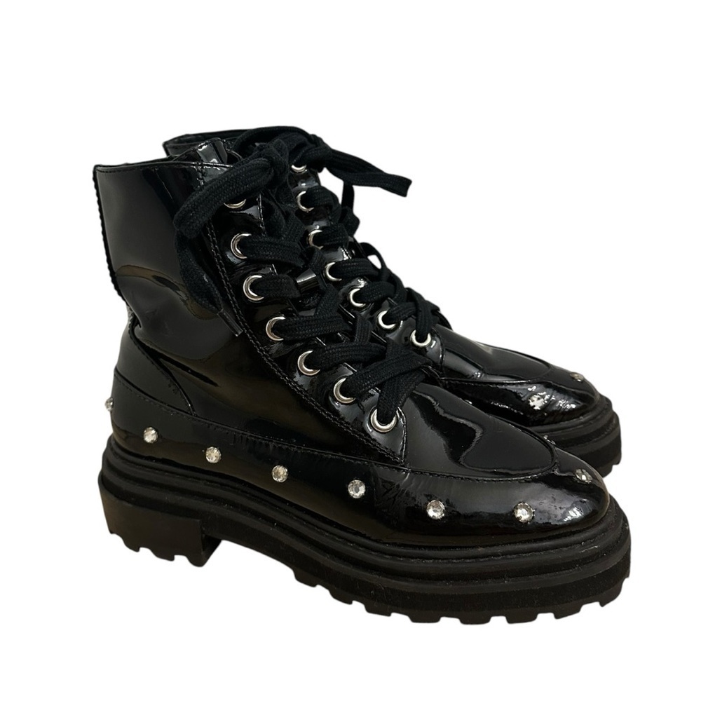 Schutz Combat Boots Rhinestone Black Lace Up Grunge Punk Leather Size 6.5 B